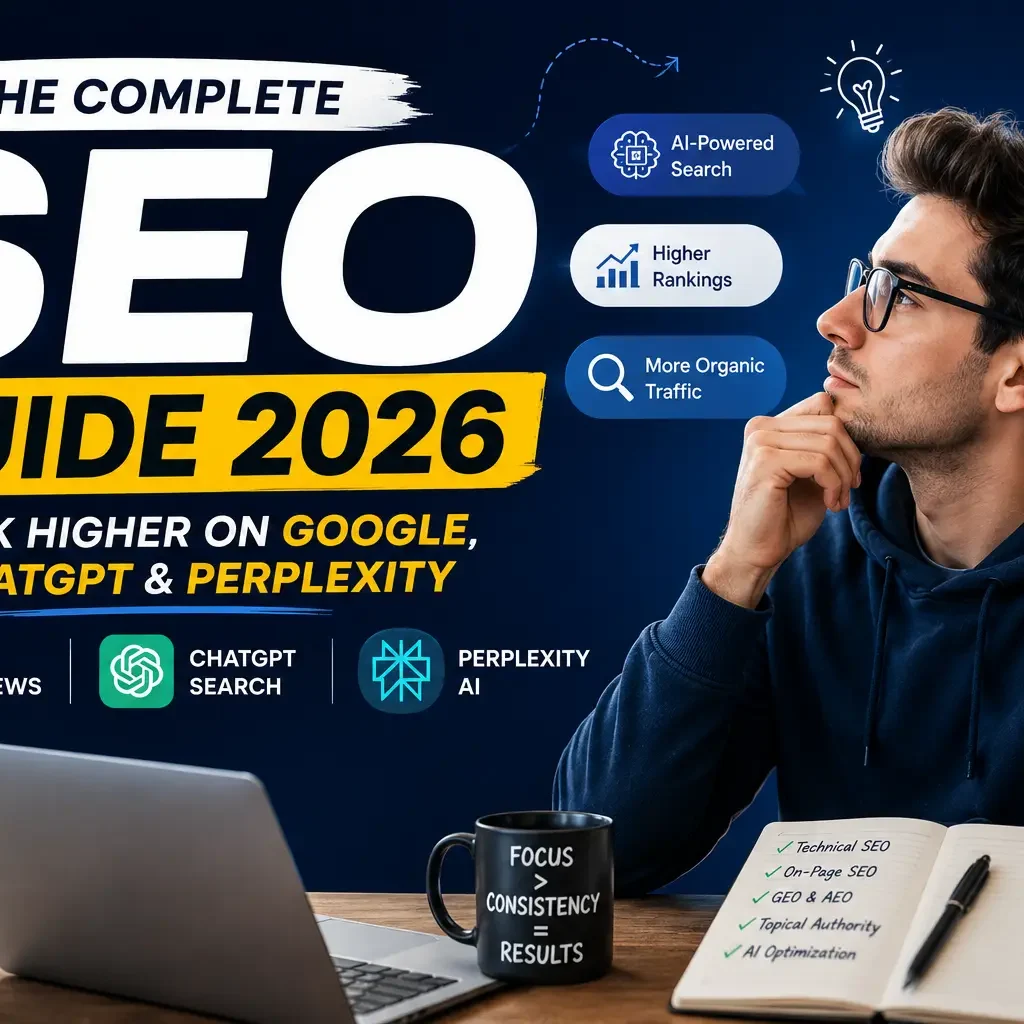 SEO Guide 2026 showing Google AI Overviews, ChatGPT Search, and Perplexity AI ranking strategies