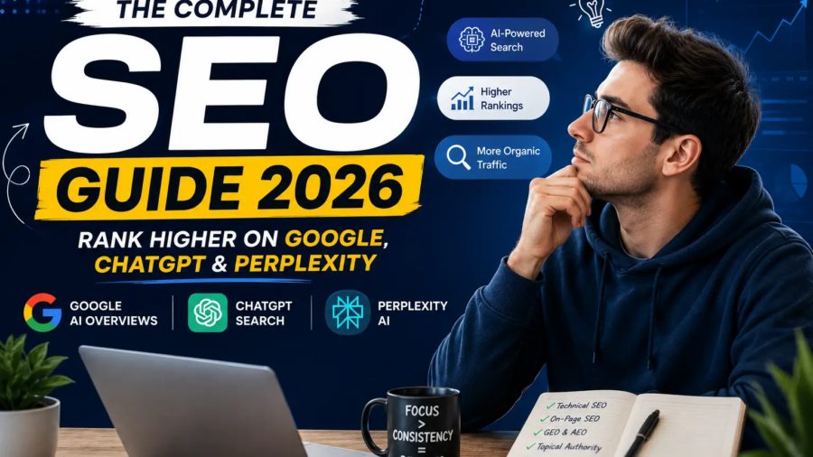 SEO Guide 2026 showing Google AI Overviews, ChatGPT Search, and Perplexity AI ranking strategies